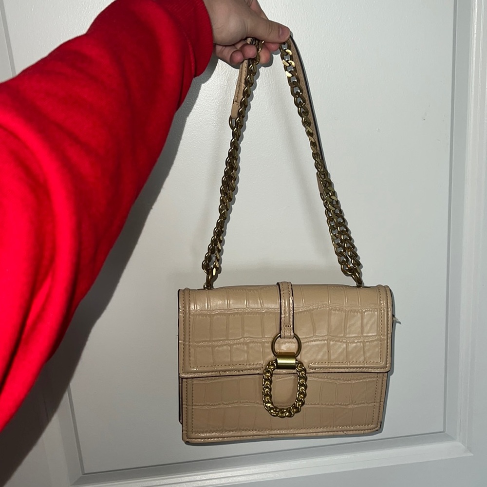 ZARA tan croc leather purse w gold hardware and adjustable strap length options